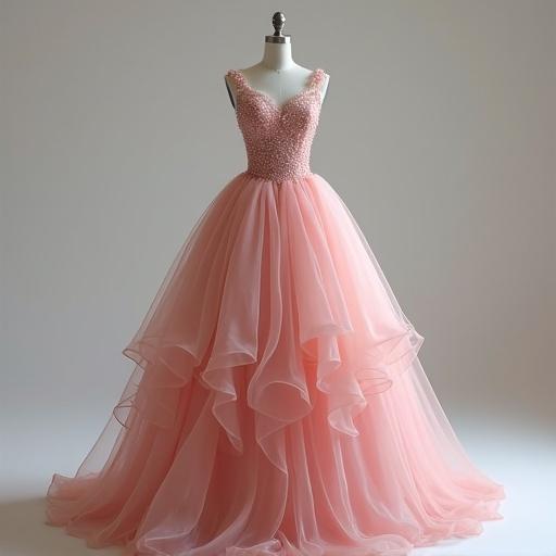 Beautiful pink dress featured prominently in front view, with a voluminous skirt and beaded bodice.