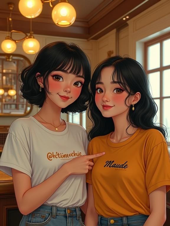Two girls at retro-modern café. Aina in white t-shirt with @ketikan.art. Maude in orange t-shirt with @ketikanstudio. Café has warm light, brass accents, vintage mirrors. Cinematic, semi-realistic style.