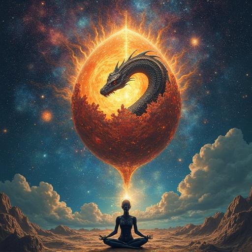 Surrealist painting featuring a cosmic serpent emerging from a supernova in outer space. The scene includes a meditating person at the bottom. Visual elements are intricate and detailed, highlighting a sci-fi aesthetic. The image incorporates vibrant colors and features elements of sacred geometry and fractal patterns.