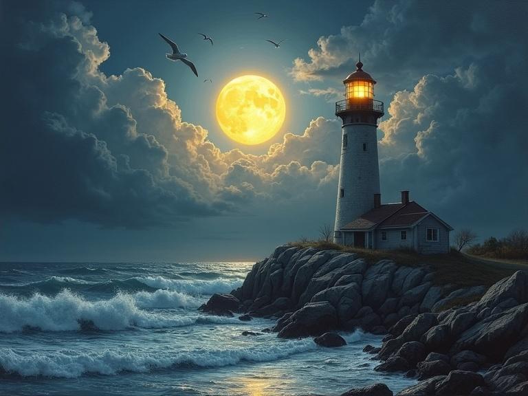 Cloudy night with full moon. Large lighthouse at center. Traditional oil painting style. Colors include black, light blue, white, gray, bright yellow. Lighthouse by seaside. Ocean waves crashing against rocks. Bright full moon shining. Dramatic clouds with golden light. High detail and photorealistic texture. Seagulls soaring. Moon casting soft light over landscape.