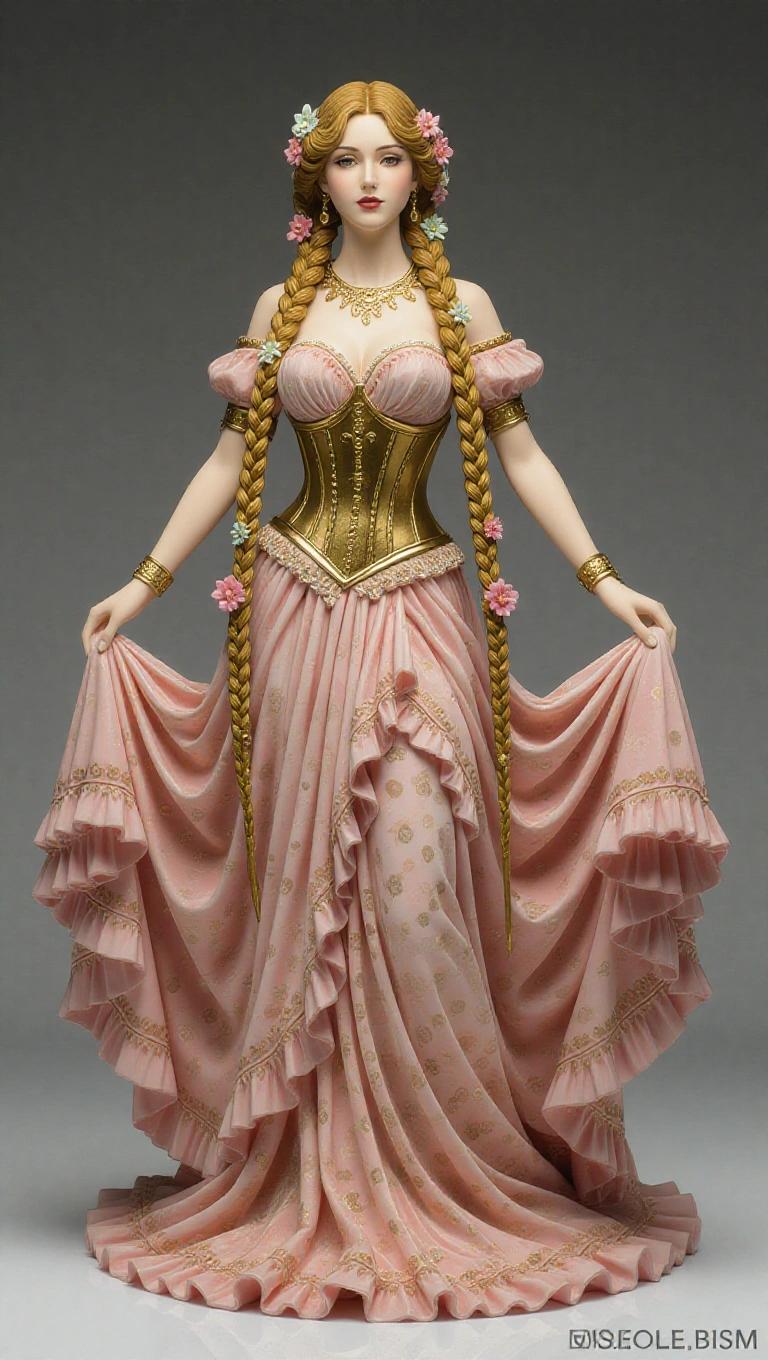 Resin statue depicting a goddess inspired by Virgo. Majestic woman with long golden braids and flowers. Elegant pose resembling a beauty queen. Powder pink and gold flowing dress with floral details. Expression of purity and inner strength. Base features flowers and marble.