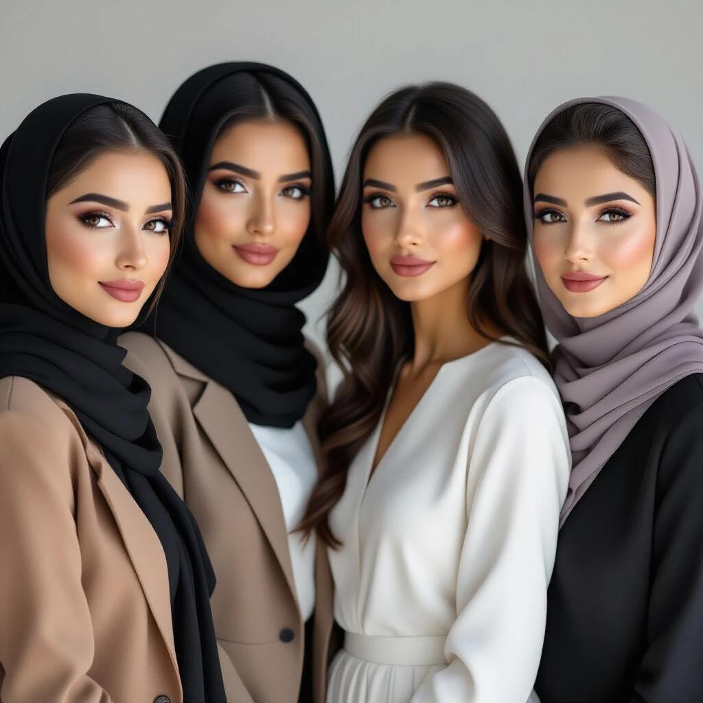 Generate realistic female teachers with varying hairstyles and modern outfits. All teachers have dark brown eyes, black hair, dark skin, and well-groomed eyebrows. They are standing together in a group.
