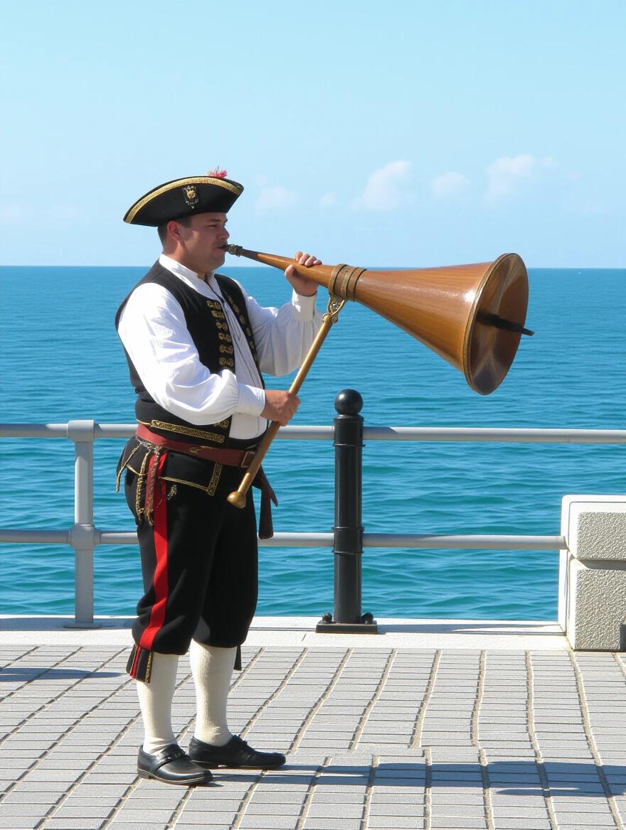 A musician plays the bombarde at the seaside. The ocean is in the background. The musician wears traditional attire. A wooden horn is used for playing. The location has a sunny day atmosphere.