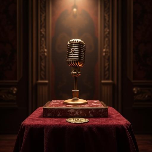Opulent album cover art featuring a vintage microphone on a marble pedestal. The base draped in dark red velvet. A golden wax seal is placed on the pedestal. The background consists of a dark ornate wall with damask patterns. A single spotlight illuminates the scene. The setting conveys drama and elegance. Style combines neoclassical and baroque influences with photorealistic detail. Aspect ratio is 1:1.