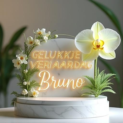 3D render of elegant birthday greeting with name Bruno. Text in flowing script with yellow and white gradients on a polished white marble pedestal. Surrounded by detailed Cattleya orchids and vines. Includes a large glowing crystal orchid. Scene has clean lighting and blurred warm gray background.