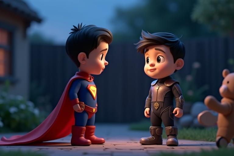 A tender 3D animated scene featuring Sparky and Zumo in a garden. Sparky wears a red cape and blue suit. Zumo has a futuristic metallic outfit. They stand face to face showing emotions. The background includes a dusty bin and toys. The scene captures soft daylight colors with a warm glow.