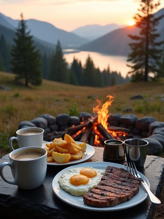 Serene outdoor breakfast scene at sunrise with a campfire. Background features mountains and a calm lake. Two plates of food with a mug of coffee. Warm and inviting atmosphere.