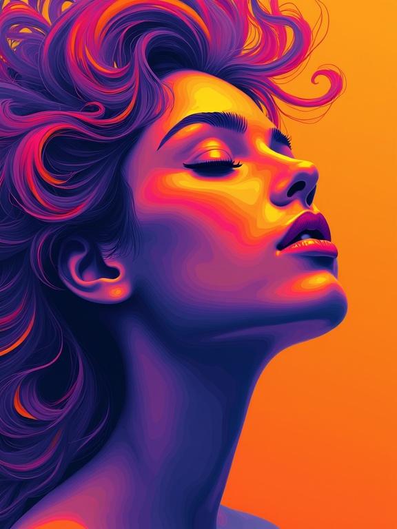 An abstract design features swirls of purple and orange forming the face of a beautiful woman. The composition is visually striking with energetic colors. It has clean lines and bold shapes. Influenced by the styles of Piet Mondrian and Wassily Kandinsky, with a psychedelic twist inspired by Peter Max. Rendered in high resolution.