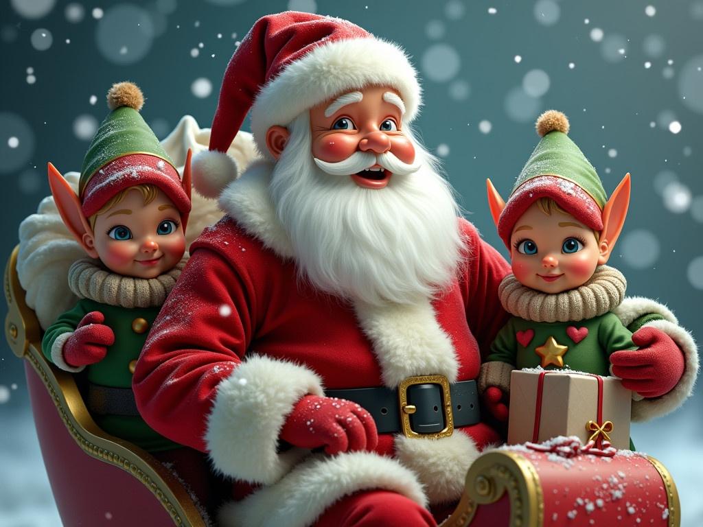 Photo realistic Santa Claus sits in a sleigh with a joyful expression. Two elves sit next to him holding a bag filled with presents. Snow falls gently around them. At the top in cursive add the text Merry Christmas and a Happy New Year From the Ruiseco family.