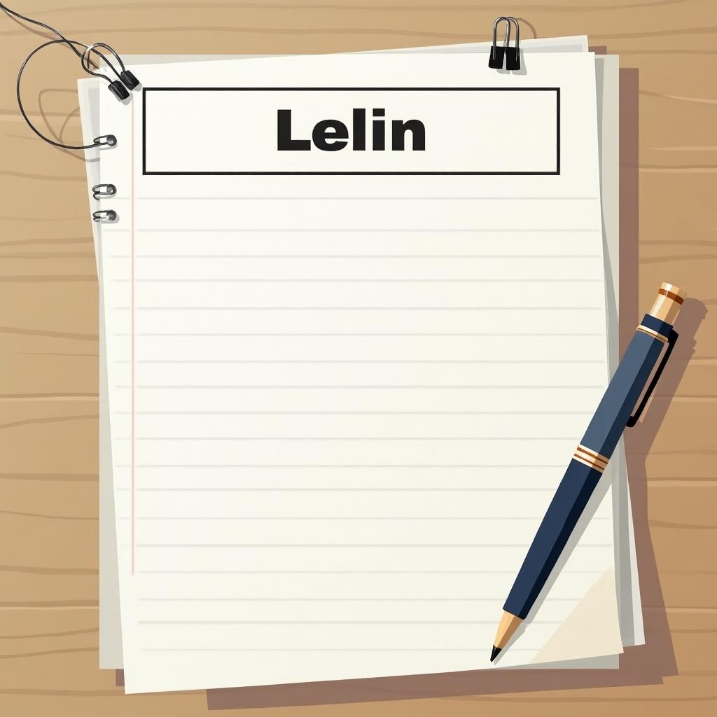 Notice paper template for an institution named Lelin. Clean design with space for additional text. Includes a blue pen next to the paper. Background is a wooden table texture.