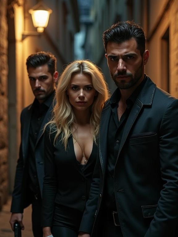 Three characters in an urban alley late at night. Two men and one woman are dressed in black. The woman has blonde hair and an eye-catching outfit. The men show strong and determined expressions. The scene is gritty with atmospheric lighting.