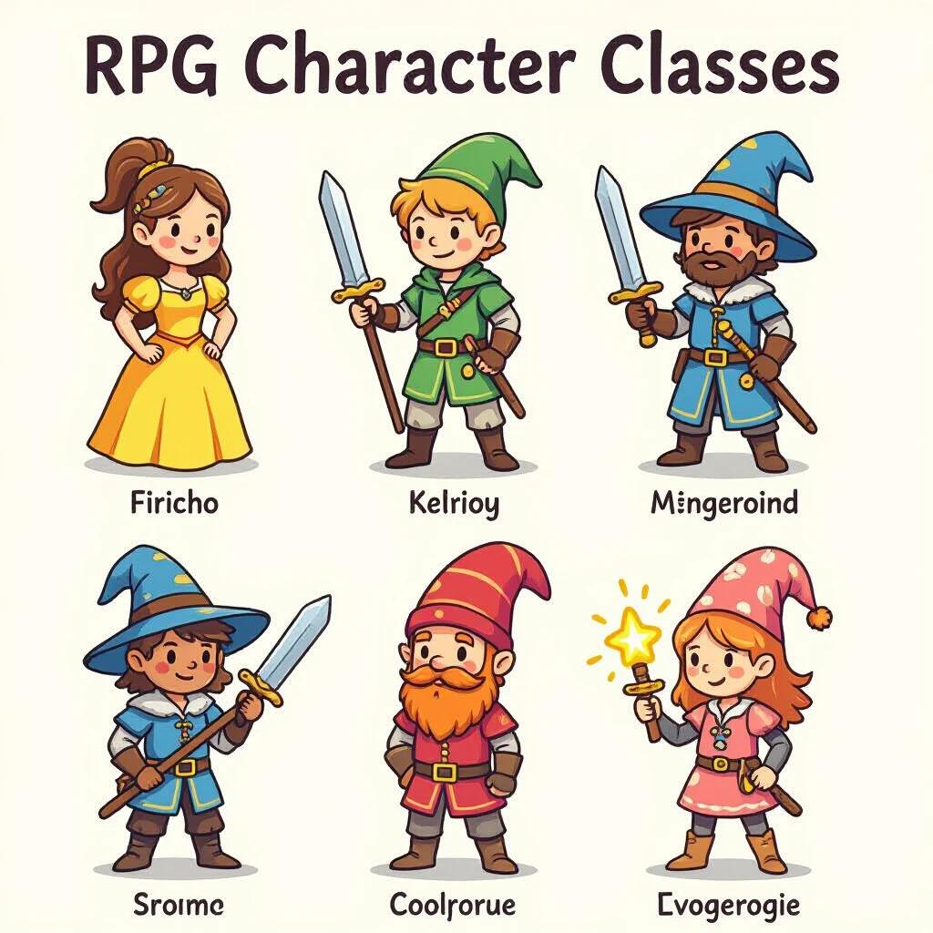 Image of RPG character classes designed in wax crayon style. Characters include a warrior a mage a cute elf a rogue and a wizard. Each character is vibrant and colorful showing different classes and abilities.