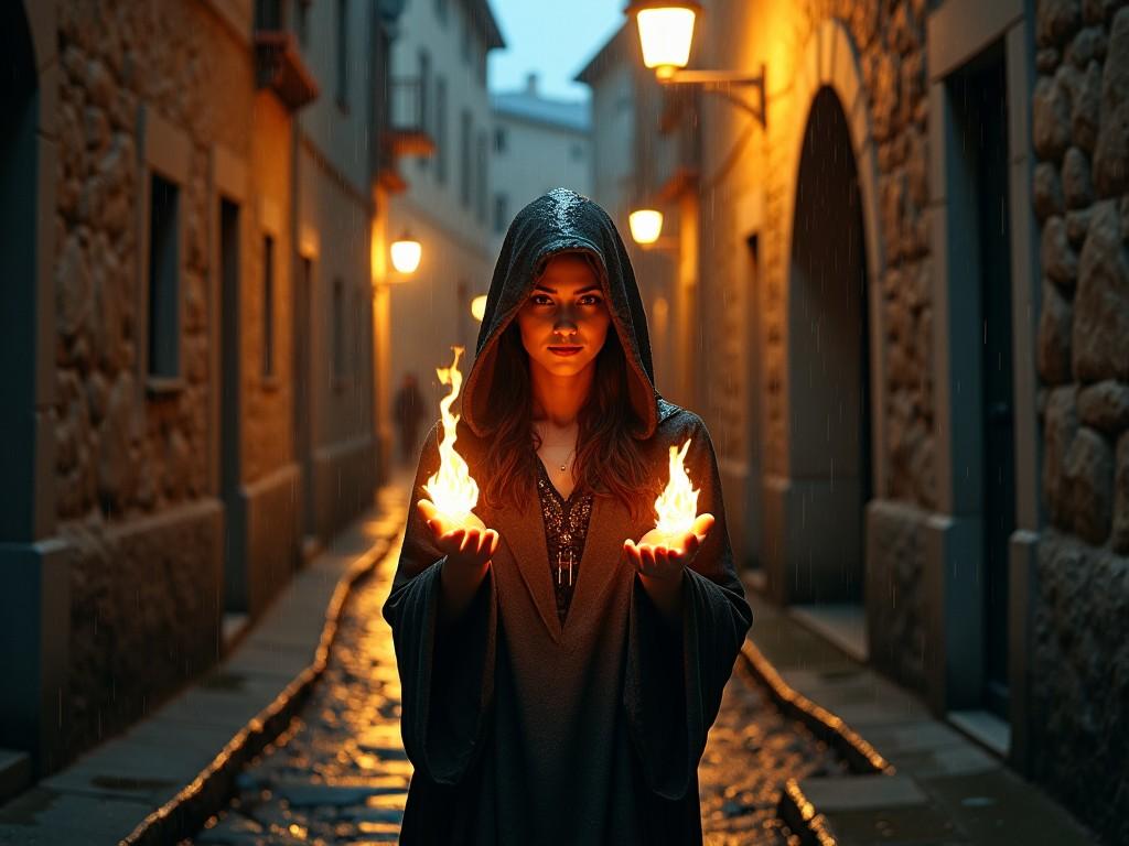 A mysterious woman stands in a dimly lit alley, her hooded cloak dripping with rain. The rain pours down heavily, creating small streams along the cobblestones beneath her feet. In her hands, she holds two orbs of fire that burn brightly, defying the wet atmosphere. The flames illuminate her focused expression and the ancient stone walls around her. The streetlamps in the distance cast a warm, flickering glow, adding to the magical ambiance of the scene.