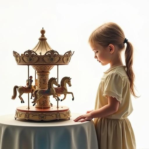 A girl with blonde pigtails gazes at a musical wind-up toy carousel featuring horses. The carousel is on a table surrounded by detailed dolls. The scene has vivid colors and an expressive, dreamlike quality.