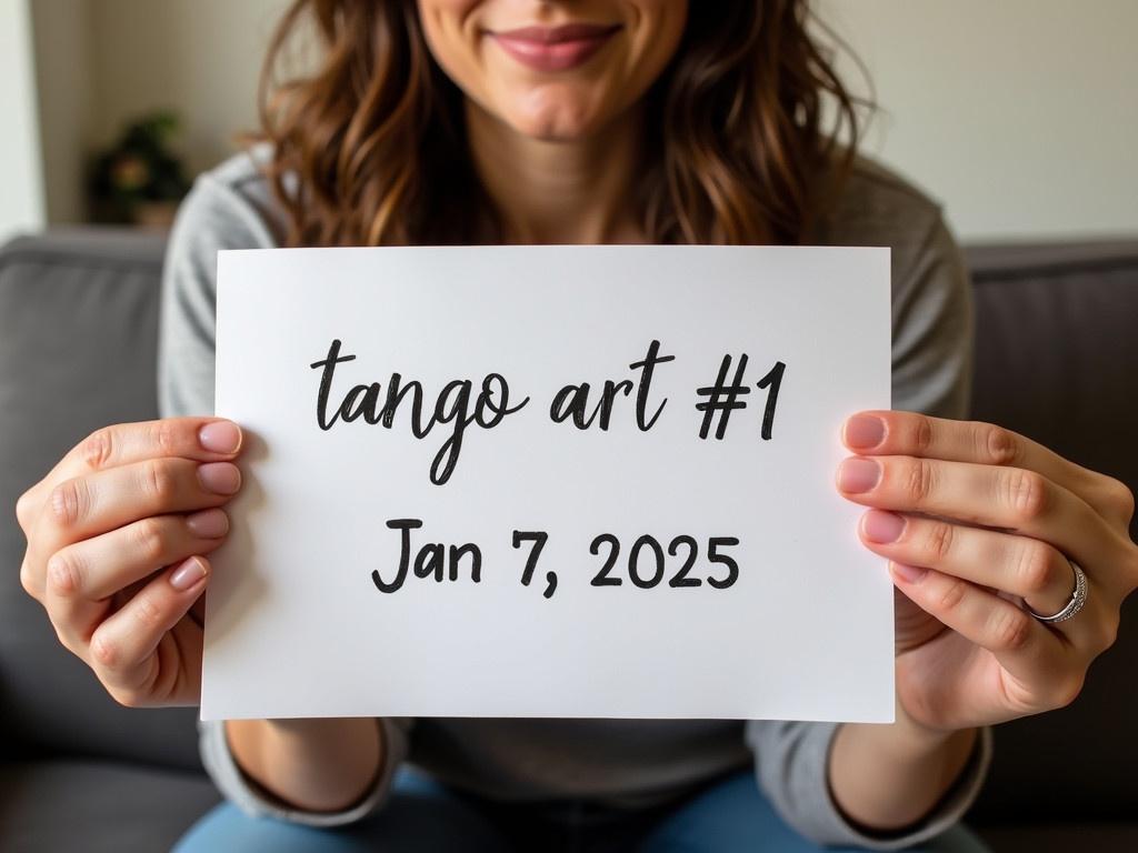 A person is holding a sign that reads 'tango art 11' in clear handwriting. Underneath this text, the date 'Jan 7, 2025' is added intricately. The individual has a wedding ring on their left ring finger, highlighting their marital status, while no other rings adorn their fingers. Their hair cascades down one shoulder, and they are sitting in a softly lit room with a decorative corner visible. The ambiance suggest a casual yet intimate setting.