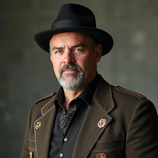 A man dressed in a stylish outfit. Wearing a tailored jacket and a fashionable hat. The setting is minimalistic and modern.