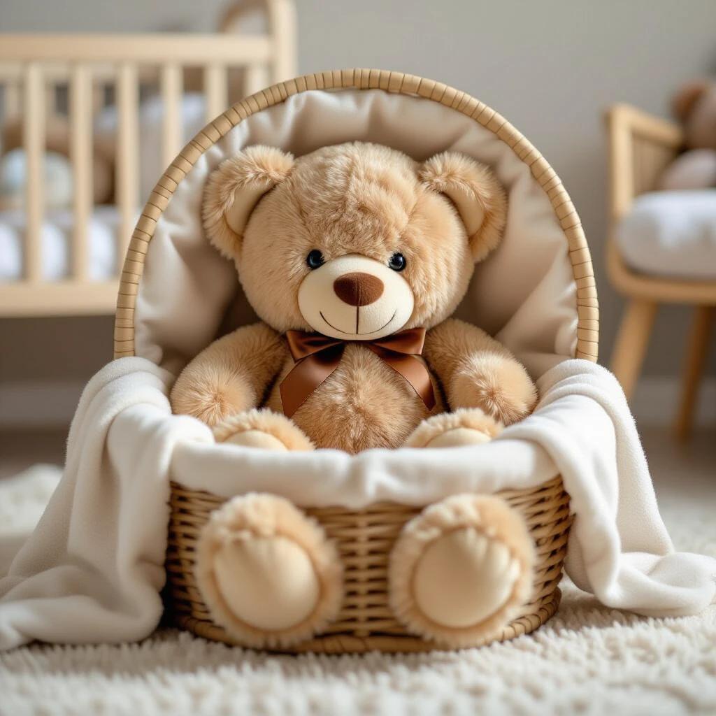 A cute brown teddy bear positioned in a stylish baby basket inside a cozy nursery. Decorated with soft fabrics and a gentle atmosphere.