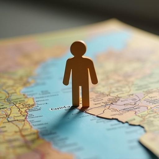 A miniature figure made of paper stands on a detailed map. The map displays various geographical features. A tabletop serves as the surface. The setting has soft lighting.