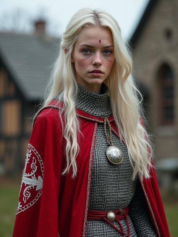 Photorealistic image of a young woman in a medieval village. She has long pale blonde hair and pale blue eyes. She wears a silvery chainmail coat and a red tabard with white lining. The tabard features a symbol of two white hands tied together. She holds a mace and a heater shield. Her skin is pale with freckles and scars. A caring expression is on her face. The background includes a medieval village.