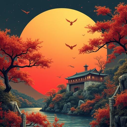 A tranquil landscape featuring a pagoda by a serene river during sunset surrounded by autumn trees and flying birds