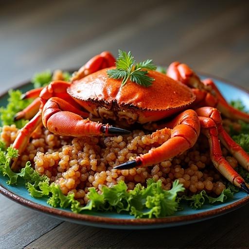 A delicious dish featuring a large vibrant crab resting on a bed of fluffy couscous garnished with lettuce and herbs.