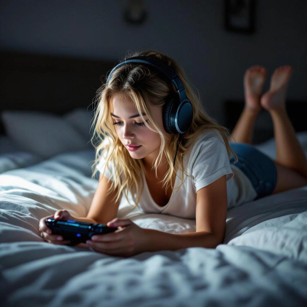 Dirty-blonde girl wearing headphones plays on a handheld console while lying on her stomach in bed with dark lighting.