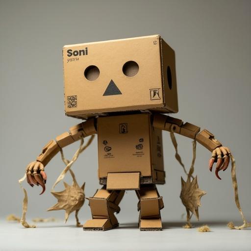 A cardboard monster figure with a boxy body and clawed hands. The character features a face on the box head and is surrounded by bits of shredded cardboard. Designed for a whimsical art display.