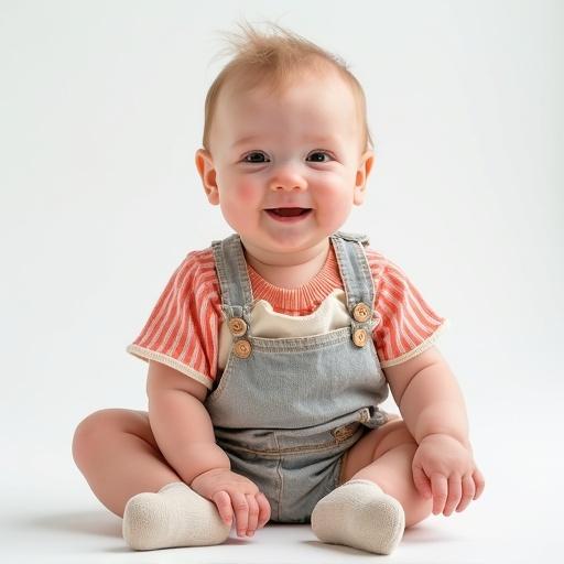 A very cute baby wearing colorful classic European-style clothes. Close-up view showing head neck shoulders and chest. Sitting straight looking directly at the camera with a gentle smiling expression. Soft natural lighting with a plain bright background.