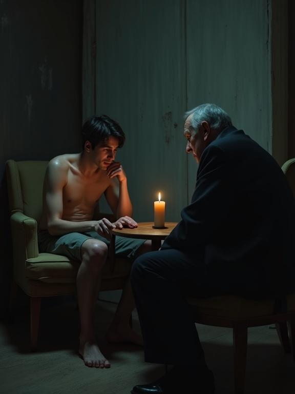 Concept art style digital painting with a dramatic wide shot of a gloomy parlor. Young man, early 20s, thin and pale, slumped in an armchair, lost gaze. Older man, late 40s, dignified, grief-stricken with tears, reaching out in comfort. A candle flickers faintly on the table between them, thick atmosphere of tragedy and regret surrounds.