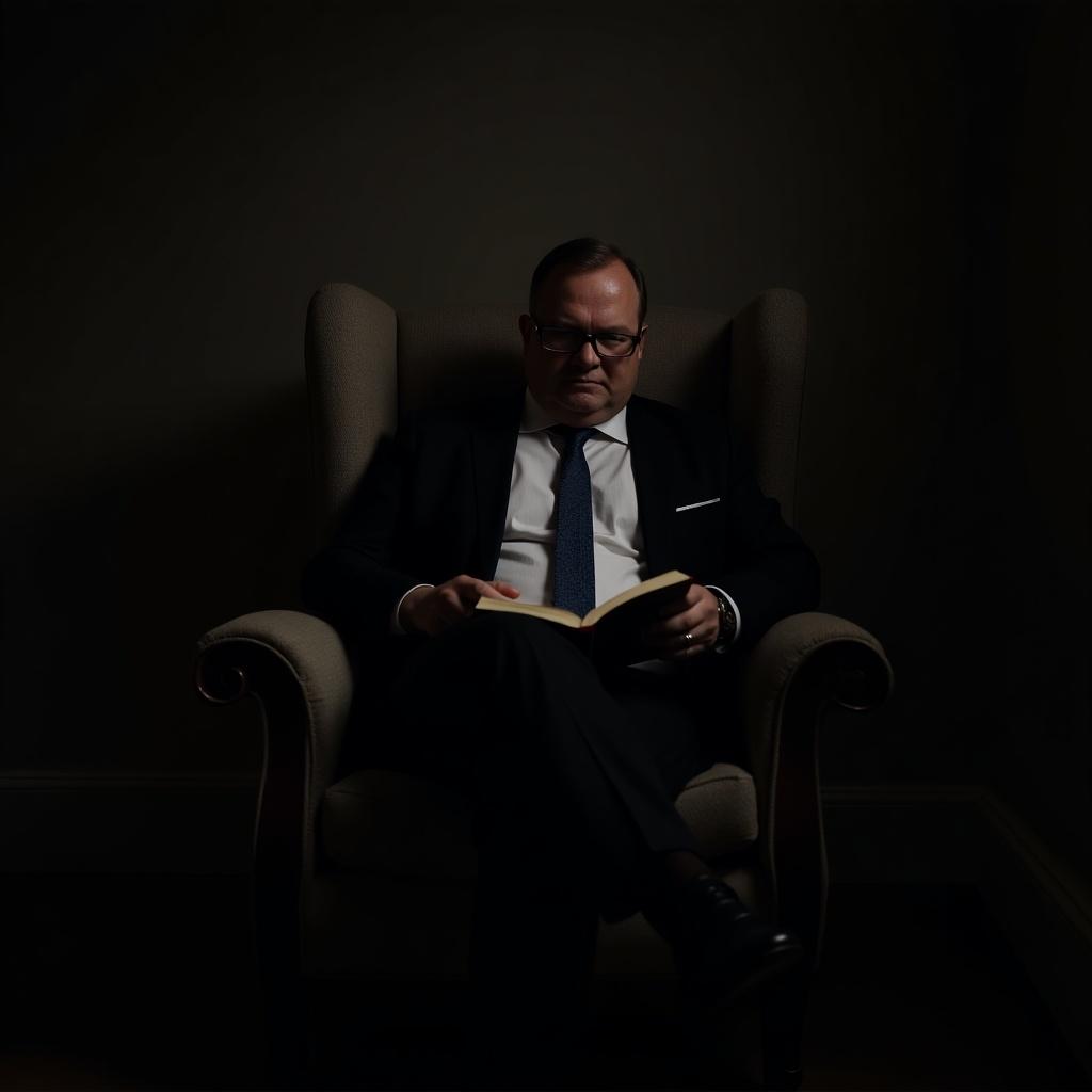 A man dressed in a sharp suit sits comfortably in a plush armchair. He is deeply engrossed in a book, indicating his love for reading. The room is dimly lit, creating an atmosphere of focus and quiet reflection. The contrast between the darkness and the light falling on him highlights his intense engagement with the text. This setting evokes a sense of sophistication and tranquility, perfect for illustrating themes of intellect and leisure.