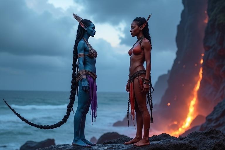 Kaari and Lira face off on a cliff where ocean meets lava under a stormy sky. Waves crash behind Kaari as magma glows beneath Lira. Kaari is tall with blue skin and glowing stripes; she has a braided hairstyle. Lira has red skin with ember markings and strong features. Wide-angle frontal shot captures elemental contrast of water mist and heatwaves.