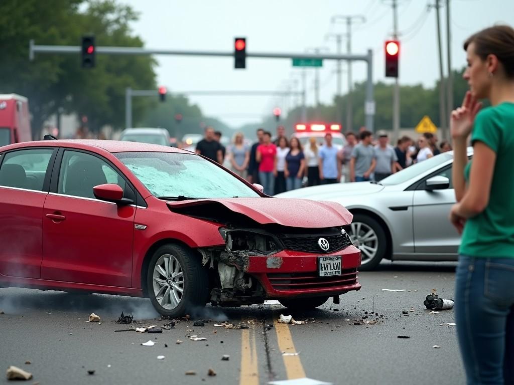 The image captures a serious car accident at an urban intersection. A red car, significantly damaged in the front, stands on the road. The atmosphere is tense with a crowd in the background observing the scene. Emergency vehicles and traffic signal lights can be seen, indicating a disrupted flow. Smoke billows from the damaged vehicle, emphasizing the severity of the situation. The scene calls attention to issues of road safety and emergency response.