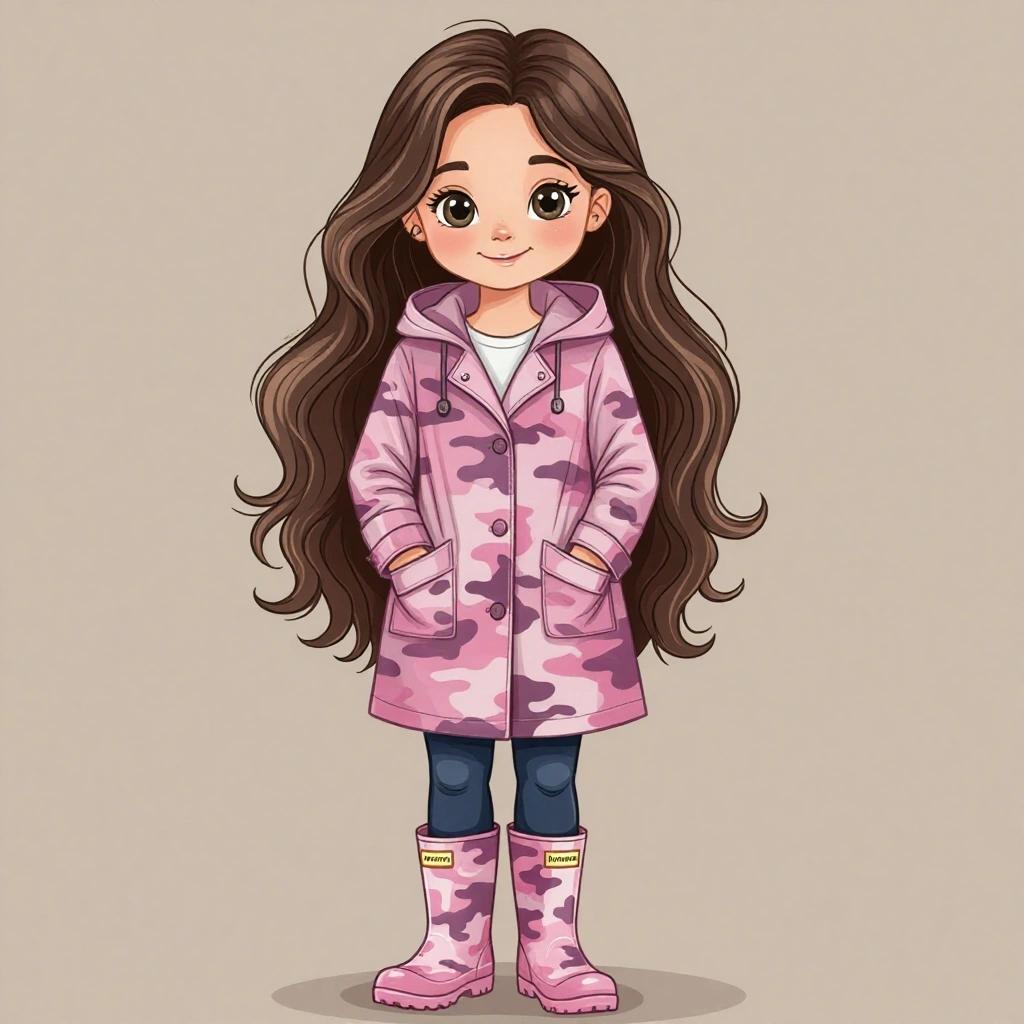 Cartoon girl with long dark-blonde hair. Wearing a pink camouflage long raincoat navy-blue track pants and pink camouflage wellies. No background.