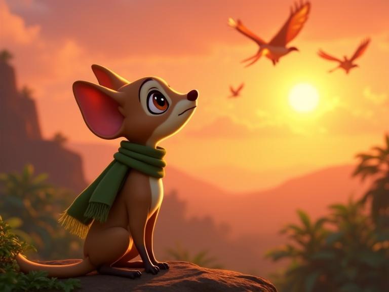 Small tamandua with light brown fur and white stripe gazes at birds in glowing sunset from hilltop. Moss-green scarf adds charm. Expression is full of wonder.