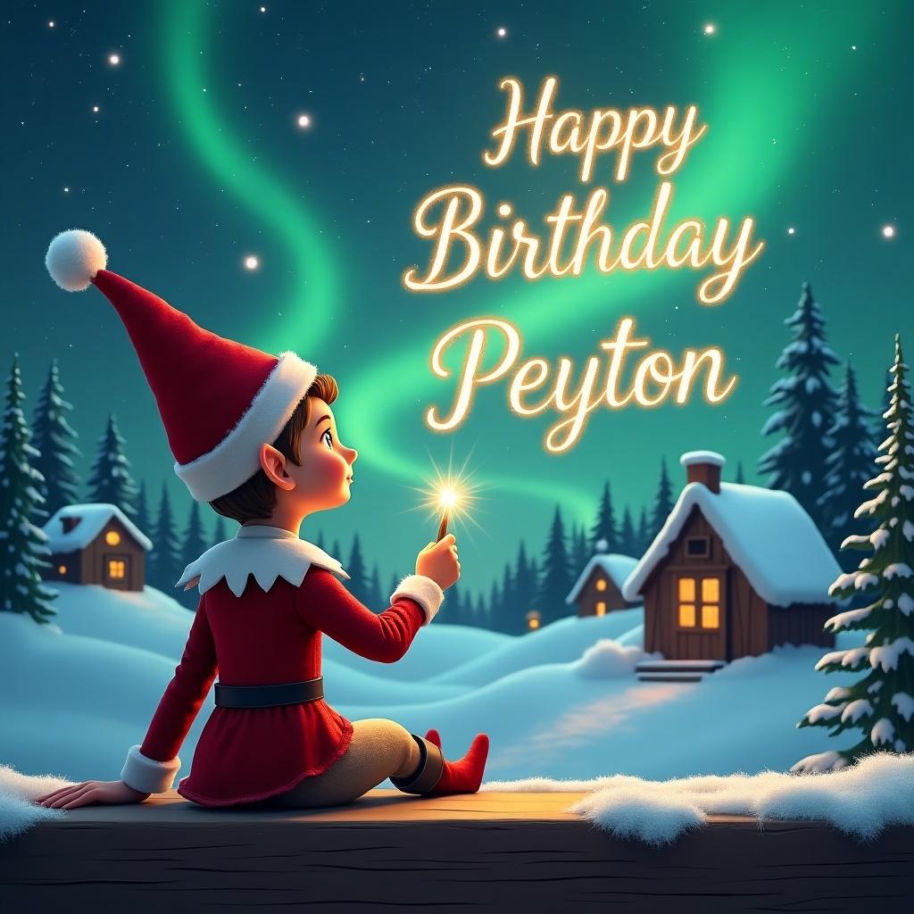 An elf sits on a wooden ledge gazing at a magical sky. The elf is dressed in a red outfit with a pointed hat. The elf holds a sparkling wand and writes 'Happy Birthday Peyton' in the sky. The background shows a snowy landscape with little houses and evergreen trees under the Northern Lights.