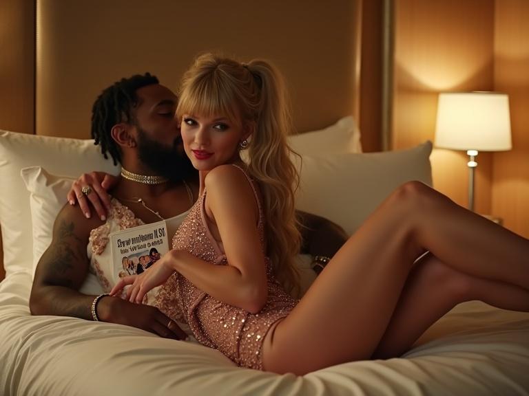 Taylor Swift films a music video. A full body shot of a beautiful woman on a bed with a man. She wears a stylish sparkly dress and high heels. The scene captures their intimate moment. Soft lighting enhances their poses. The setting suggests romance in a motel room.