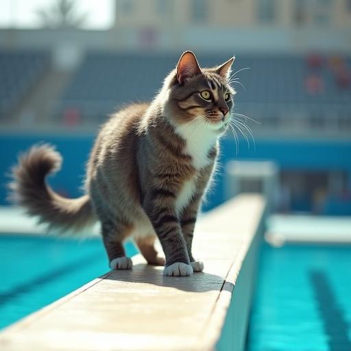 Realistic photo of gray Maine Coon cat with white paws on a diving board by Olympic pool. Cat shows confidence, gripping edge with powerful paws. Tail is extended for balance, eyes showing determination. Fur moves slightly in the wind. The long diving board is above turquoise water, reflecting light. Background is blurred stadium stands and cityscape.