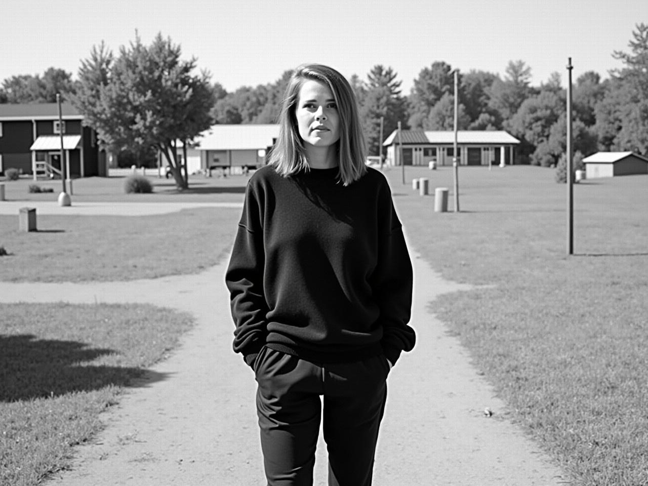 The image depicts a person standing outdoors in a black and white setting. They are wearing a loose black sweater and black pants, creating a casual and relaxed look. The person has their hands in their pockets, and they appear to be walking on a dirt pathway. In the background, there are several buildings and trees, suggesting a rural or suburban area. The overall atmosphere is calm, with the sunlight casting shadows on the ground.