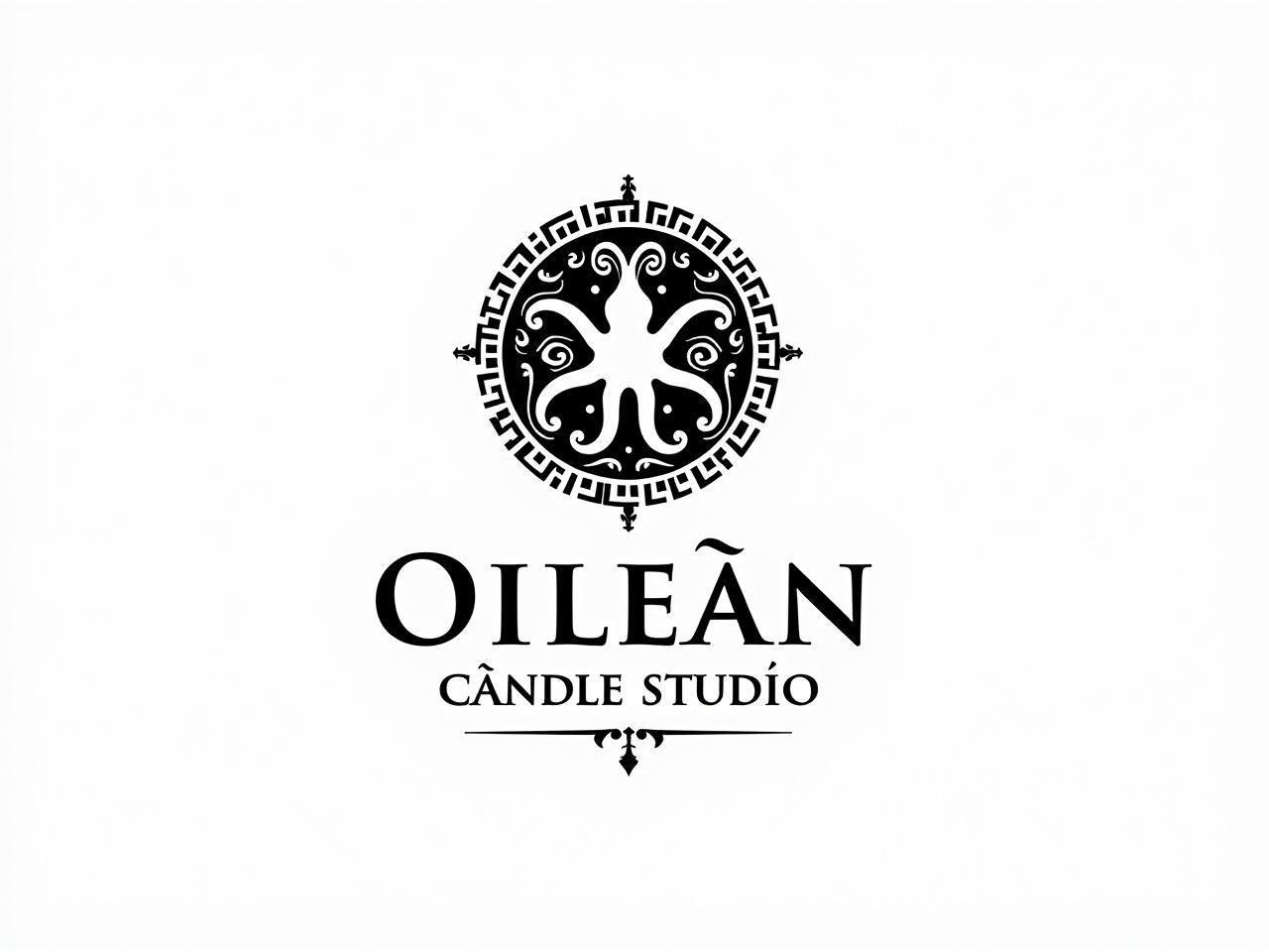 This image features a black and white logo for 'Oileán Candle Studio.' At the center of the design is a circular shape that resembles a stylized octopus with swirling tentacles, intricately decorated with patterns. Surrounding the octopus is a circular border made up of decorative lines and shapes. Below the graphic, the name 'Oileán' is displayed prominently in elegant lettering, followed by the words 'Candle Studio' in a smaller font. The overall design has a whimsical and artistic feel, suitable for a brand focused on handmade candles.