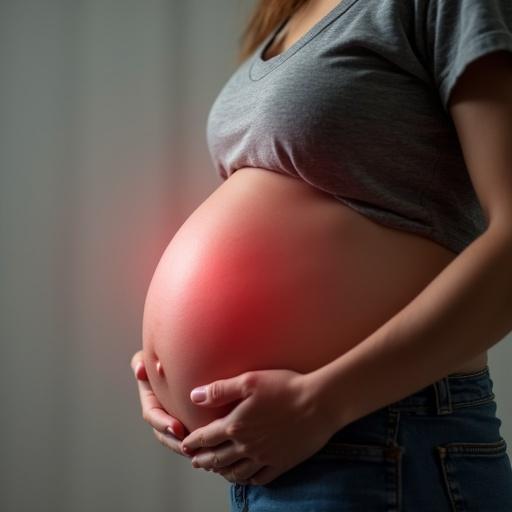 Profile view of a pregnant woman. The belly is prominent and gently held. Tuberculosis affects her pregnancy. Soft lighting highlights her figure. The focus is on the belly to emphasize pregnancy. Background is softly blurred.