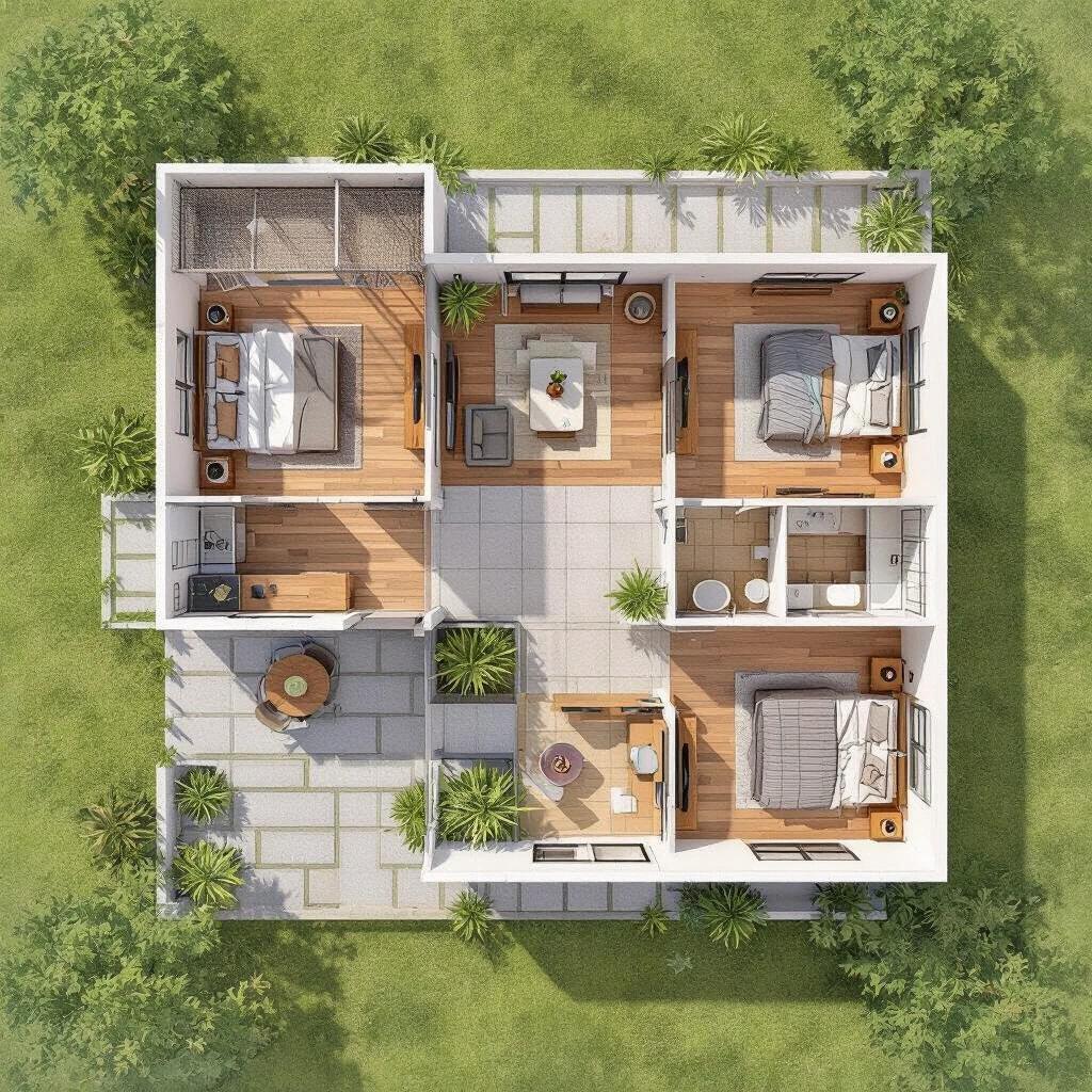 Top-down view of a modern single-story family house with a layout for four people. Central open-air patio with surrounding rooms. Circular mesh shade around the patio. Includes three bedrooms, two and a half bathrooms, modern kitchen, dining area, living room, office, laundry room, and storage. Features a garden and driveway. Clean lines, large windows, neutral colors, flat roofs. Viewed from above in full daylight.