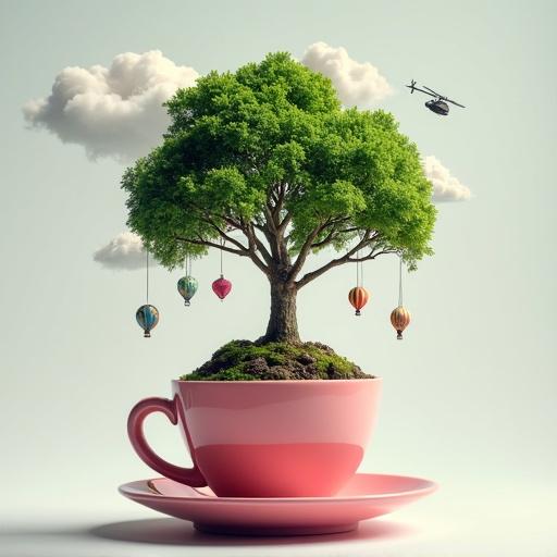 A pink cup contains soil with a large lush tree growing. Hot air balloons and a miniature helicopter fly around the top of the tree, which is surrounded by clouds. Blurred background with a mountain.