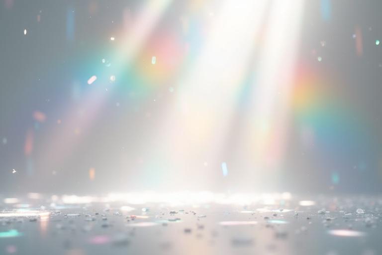 Dynamic scene with white lighting ray passing through scattered prism glass. Light splits into vibrant rainbow spectrum. Subtle light intensity creates dreamlike ambiance. Light gray background emphasizes prismatic burst. Scattered reflections dance across surface.