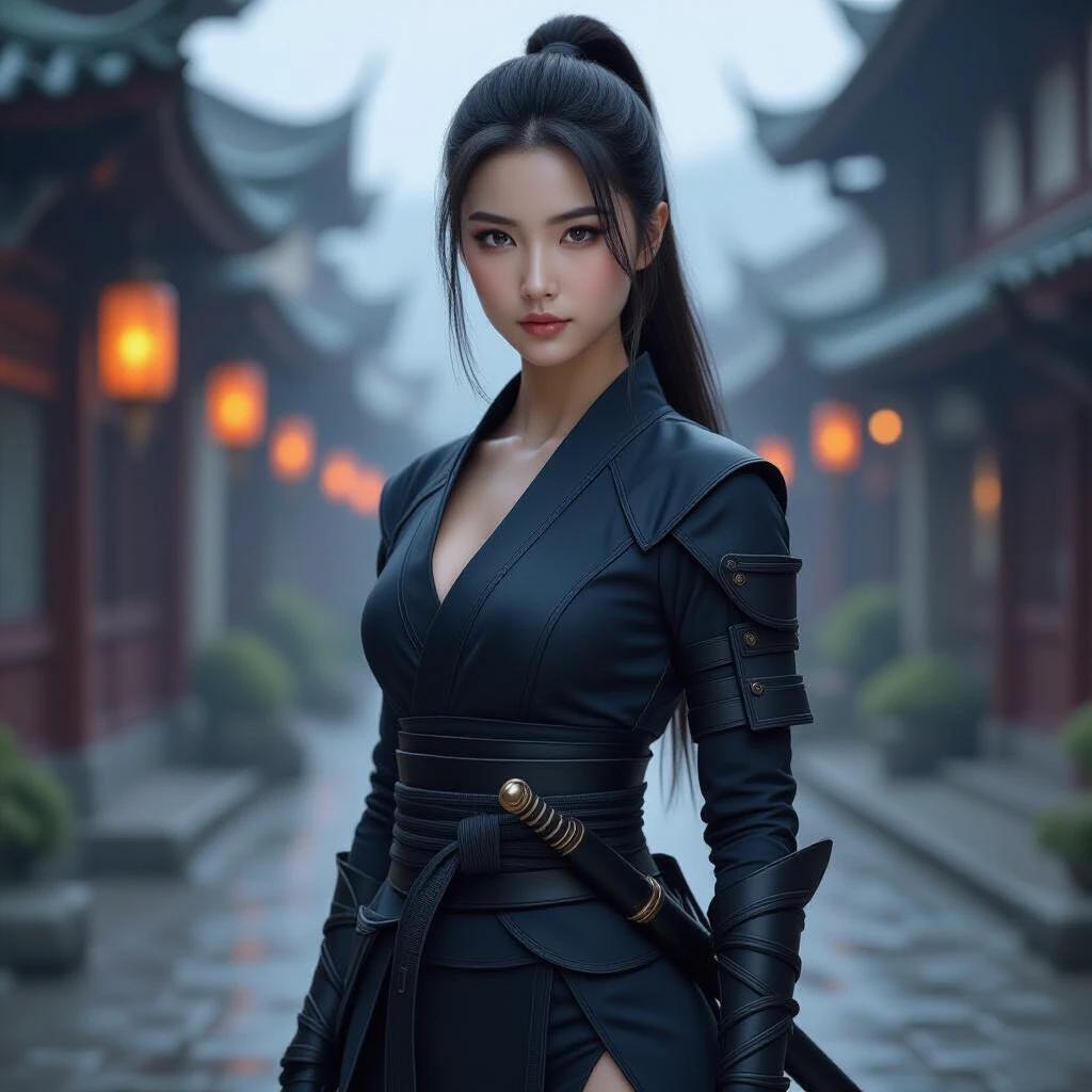 Photorealistic portrait of a young female ninja portrait. She is a member of a secretive clan. The image captures her from bust to upper thighs. Features flawless skin and expressive eyes. Calm yet alert demeanor as she scans her surroundings. Outfit is sleek and modern. Black and deep indigo fabrics let silent movement. Armor plating beneath fabric. A high-cut slit shows smooth thigh. Long dark hair is in a traditional braid. Hidden blade glints near hip. Cinematic lighting enhances eyes. Background is misty with soft focus. 8K resolution and realistic textures are visible.