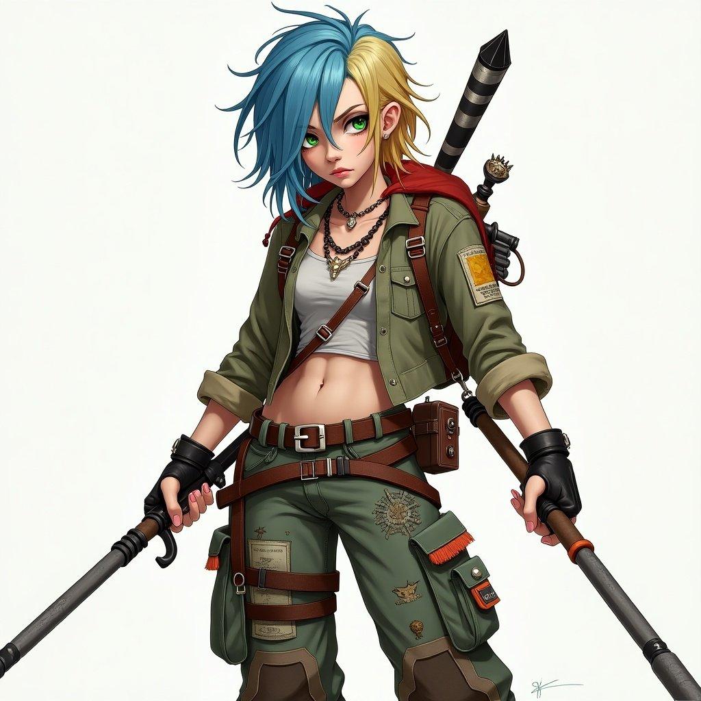 An Arcane character features blue, blonde, and red hair. Character has green eyes and appears serious. Wears cargo pants with many details and holds various weapons. Character design shows fantasy elements.