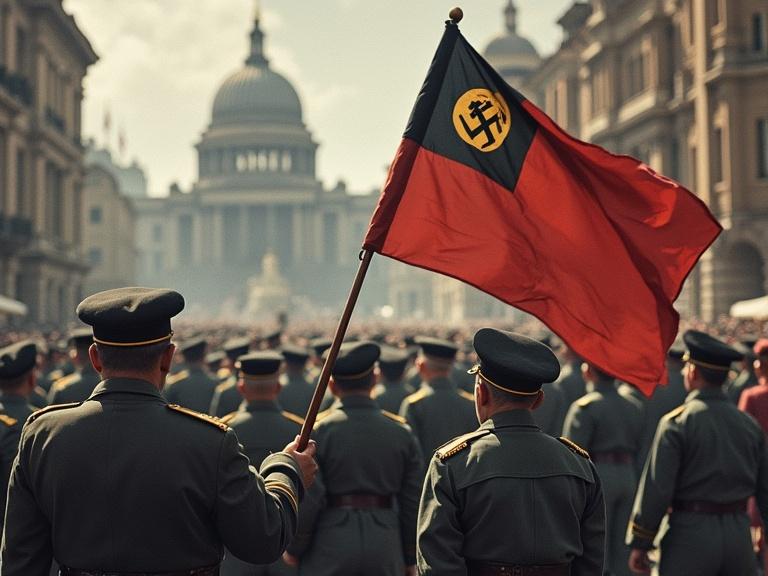 Military personnel at a parade holding a flag featuring a swastika. The atmosphere is tense reflecting historical tensions. The setting includes grand architecture typical of early 20th-century European cities.