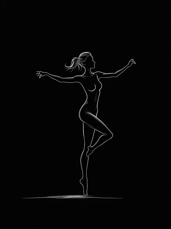 Dancing girl illustrated in minimalistic style with clean white lines on black background. Capturing a freeze-frame of her movement. Simple and elegant flowing lines without colors or details.