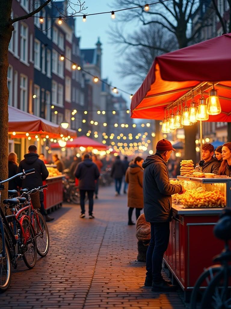 Vibrant street food scene captures essence of Amsterdam. Iconic foods include stroopwafels herring sandwiches crispy fries. Colorful stalls with dynamic lighting create an inviting atmosphere. Crowds enjoy meals bicycles lean against canal railings historic buildings frame the scene.