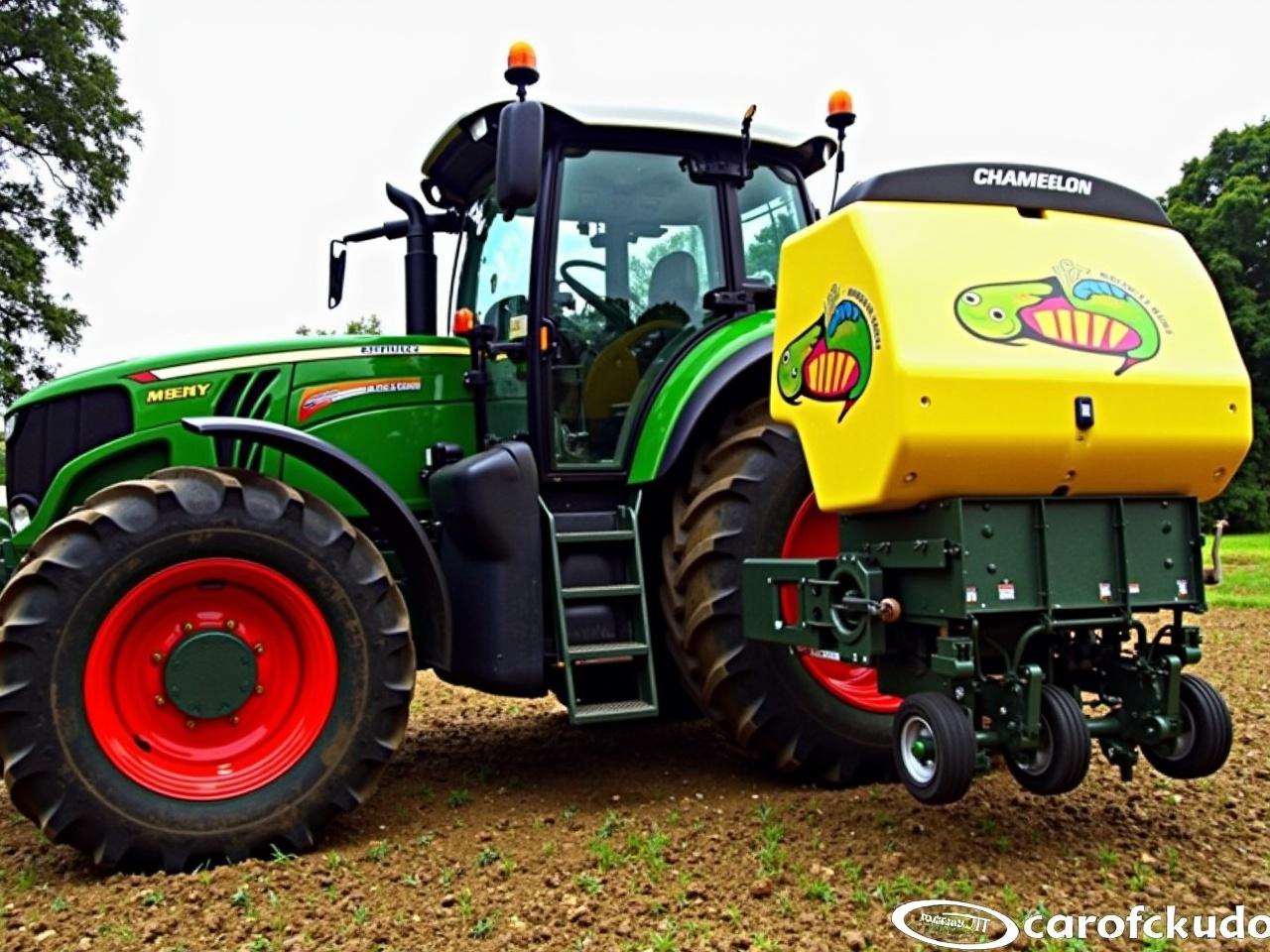 The image features a large agricultural tractor equipped with a yellow seed drill attached to its rear. The tractor is predominantly a green color with red accents on its wheels. The seed drill has colorful branding with a design that resembles a chameleon. Surrounding the tractor is a rural landscape with some trees in the background. The scene appears to be taken outdoors in a farming environment, suggesting readiness for planting or crop maintenance.