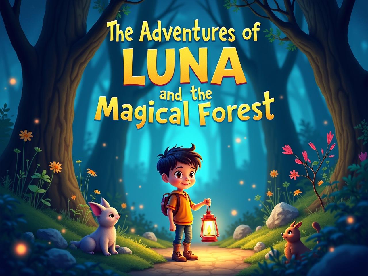 This image depicts the cover of a children's storybook titled 'The Adventures of Luna and the Magical Forest.' It features a young boy named Luna, who is holding a lantern while standing in a vibrant, magical forest. The forest is alive with glowing plants and friendly creatures, creating a sense of wonder. The title text is whimsical and colorful, aligning perfectly with the adventure theme. This enchanting scene captivates children's imaginations and invites them into a world of exploration.